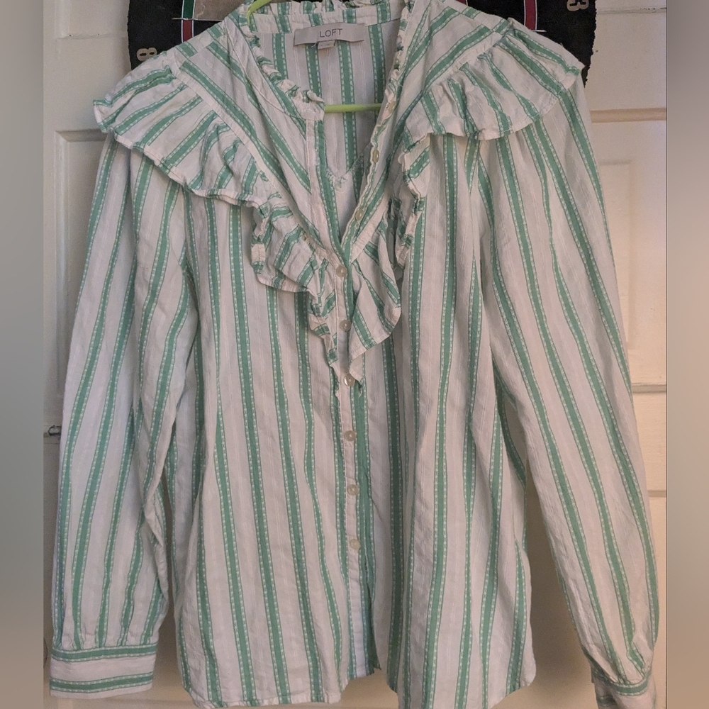 LOFT Green and White Striped Ruffle Blouse